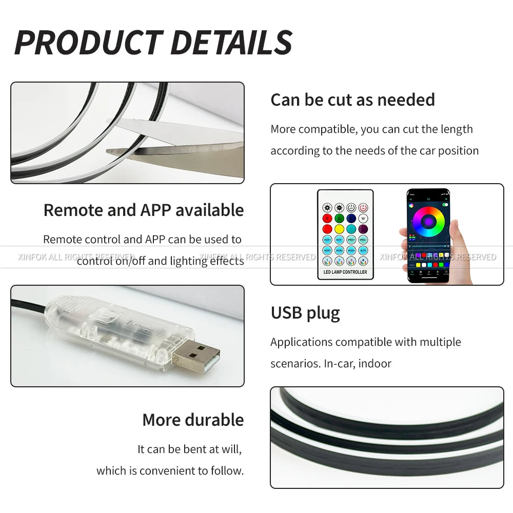 110cm  APP Control Car Ambient Lights LED Interior RGB Symphony Atmosphere Light  Acrylic Strips Dashboard Decoration Sunroof sayaragear