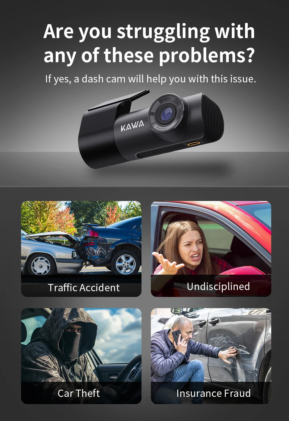 2K Dash Camera For Car DVR Dash Cam In The Car KAWA D5 Video Recorder Emergency Voice Control WiFi APP Monitor WDR Dashcam sayaragear