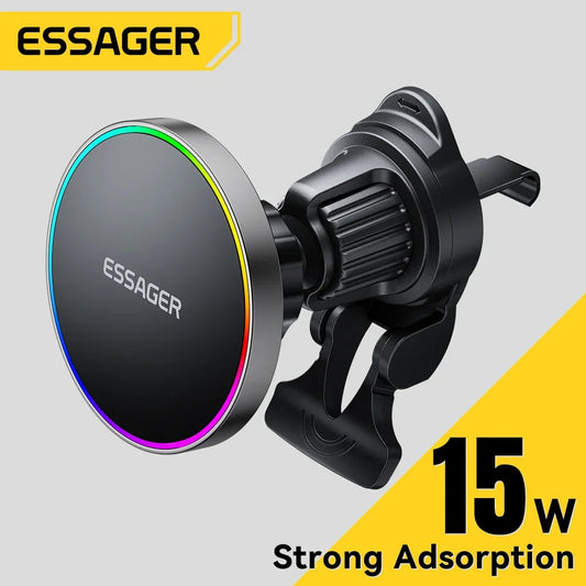 Essager 15W Magnetic Car Phone Holder Wireless Charger Stand For iPhone 16 15 14 13 Pro Max Charging for Magsafe Car Charger RGB sayaragear