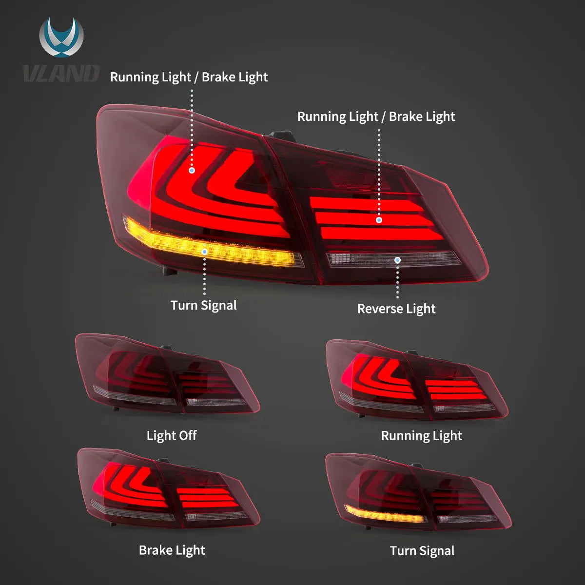 Vland 13-17 Accord 9th Gen Sedan LED Tail Lights With Sequential Turn Signal sayaragear