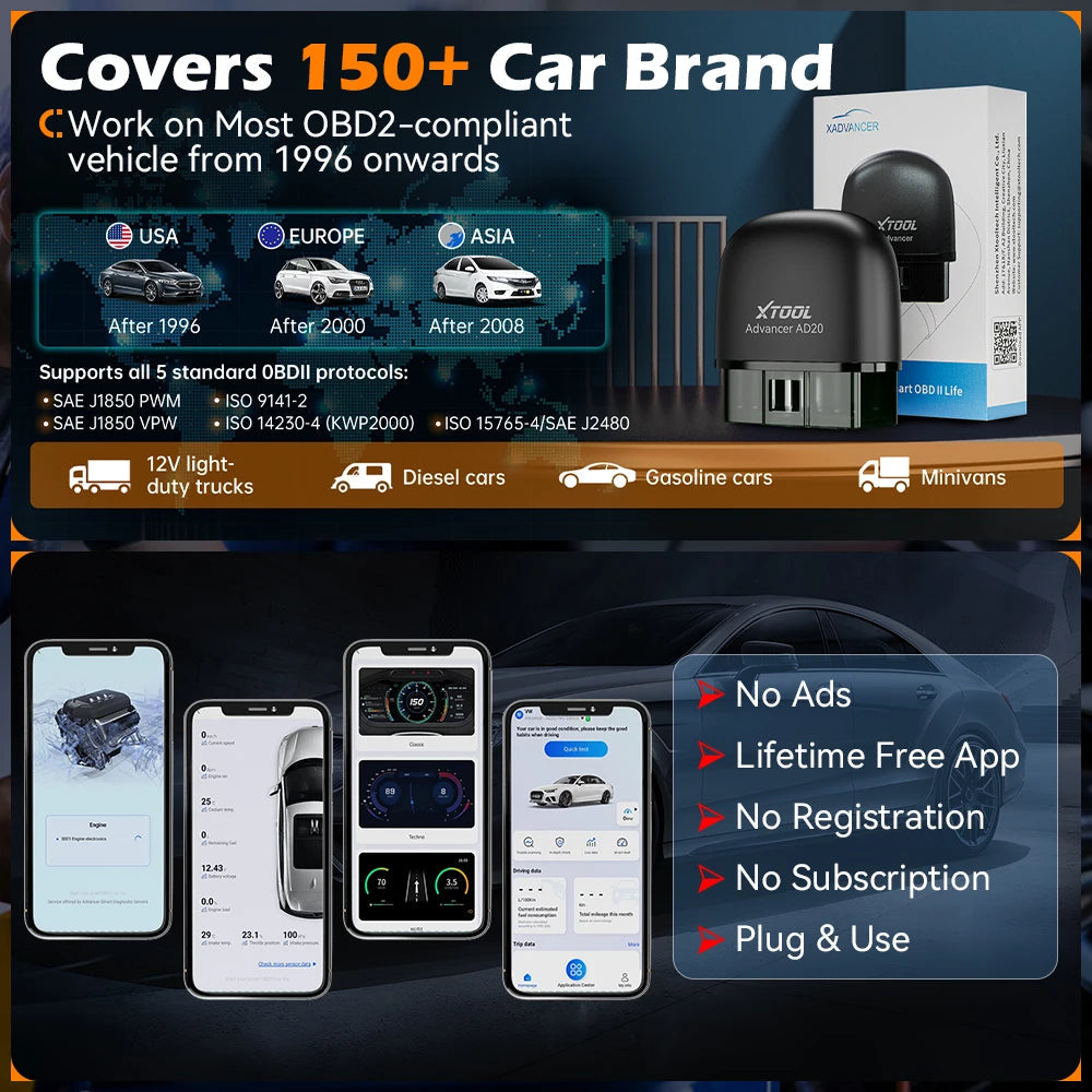XTOOL Advancer AD20 Mini Bluetooth 5.0 OBD2 Scanner Full obd2 Functions Car Diagnostic Scan Tool Read/Clear fault code Universal sayaragear