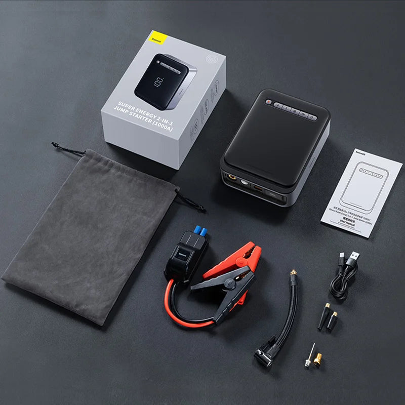 Baseus 2 In 1 Car Jump Starter Power Bank Air Compressor Inflator Pump 1000A Portable Power Station Car Battery Charger Booster sayaragear