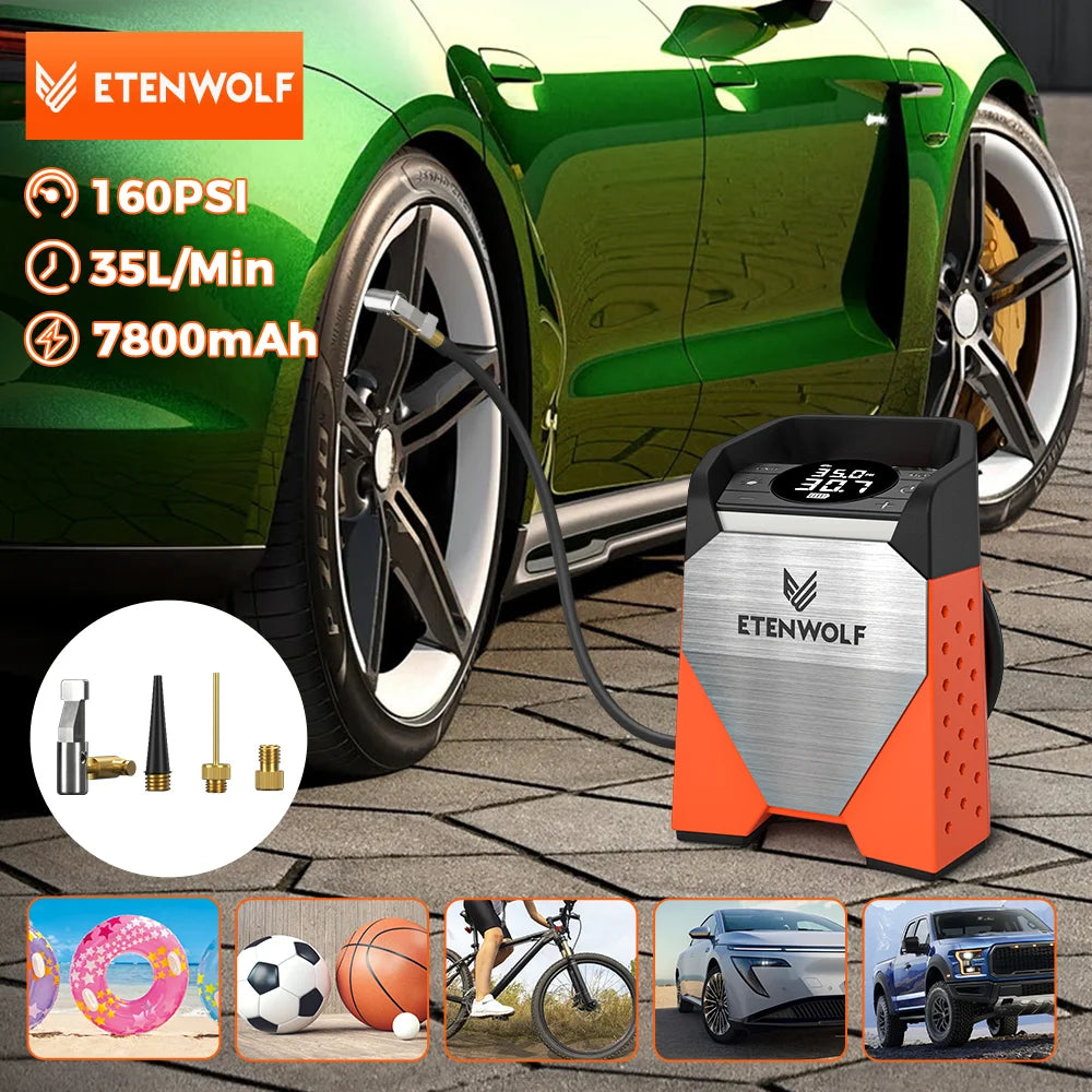 ETENWOLF ZEPHYR S3 Portable Tire Inflator 100% Duty Cycle 160 PSI Car Air Compressor 7800mAh For Cars Motorcycles Balls (New) sayaragear