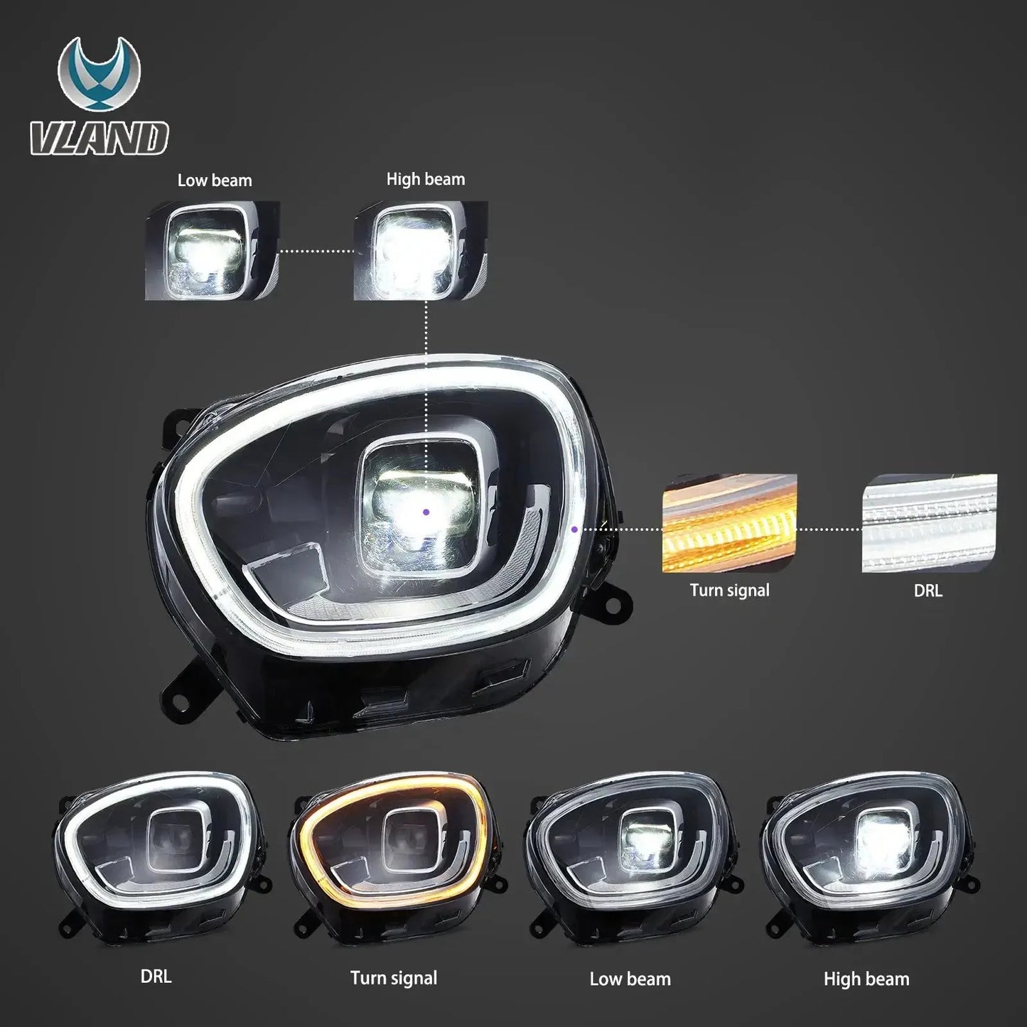 Vland 17-20 Countryman F60 Full LED Dual Beam Projector Headlights with DRL High Low Beam Front Headlamp Assembly sayaragear