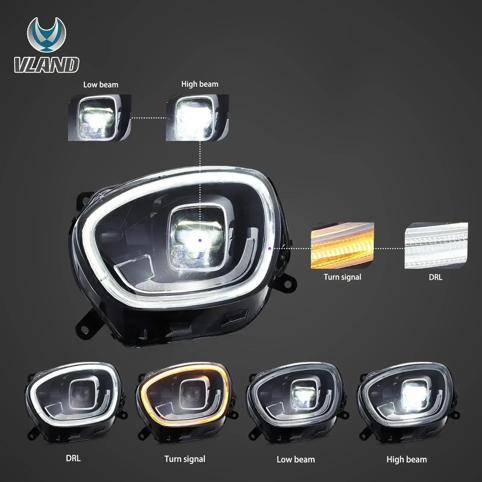 Vland 17-20 Countryman F60 Full LED Dual Beam Projector Headlights with DRL High Low Beam Front Headlamp Assembly sayaragear