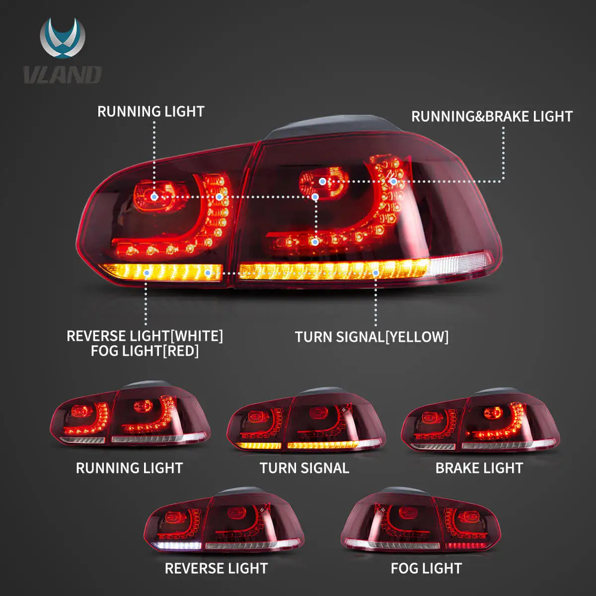 Vland 08-14 Golf 6th Gen Mk6 Hatchback LED Aftermarket Tail Lights With Amber Sequential Turn Signal sayaragear