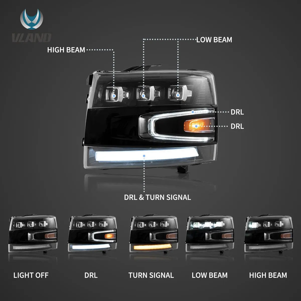 Vland 07-13 Chevrolet Silverado 2nd Gen LED Matrix Projector Headlights Black Truck Headlamp Upgrade sayaragear