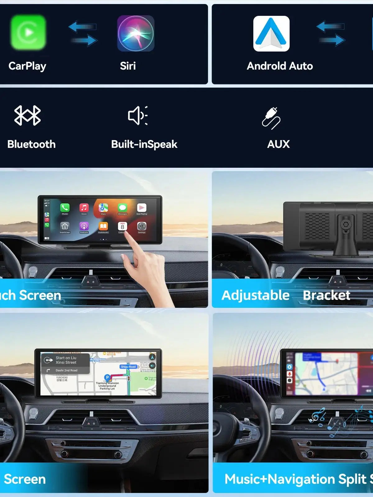 Universal Portable Wireless Carplay Screen for Car with Android Auto Touchscreen Car Stereo System sayaragear