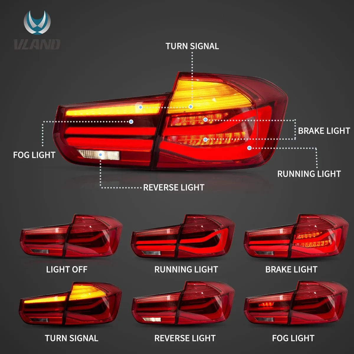 Vland 12-19 3 Series 6th Gen (F30 F80) LED Tail Lights With Sequential Amber Turn Signal sayaragear