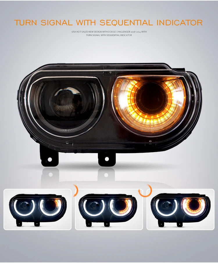 VLAND Car Headlights Assembly For Dodge Challenger 2008-2014 Head Light Moving Turn Signal Light DRL Dual Beam Lens Colourful sayaragear