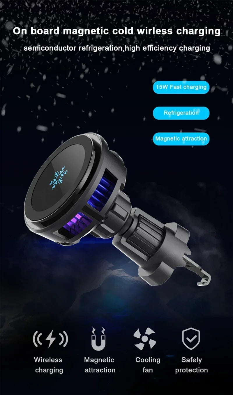 ice Cooling Magnetic Wireless Car Charger Stand for iPhone 16 15 14 13 12 Pro Max MacSafe Car Phone Holder Fast Charging Station sayaragear