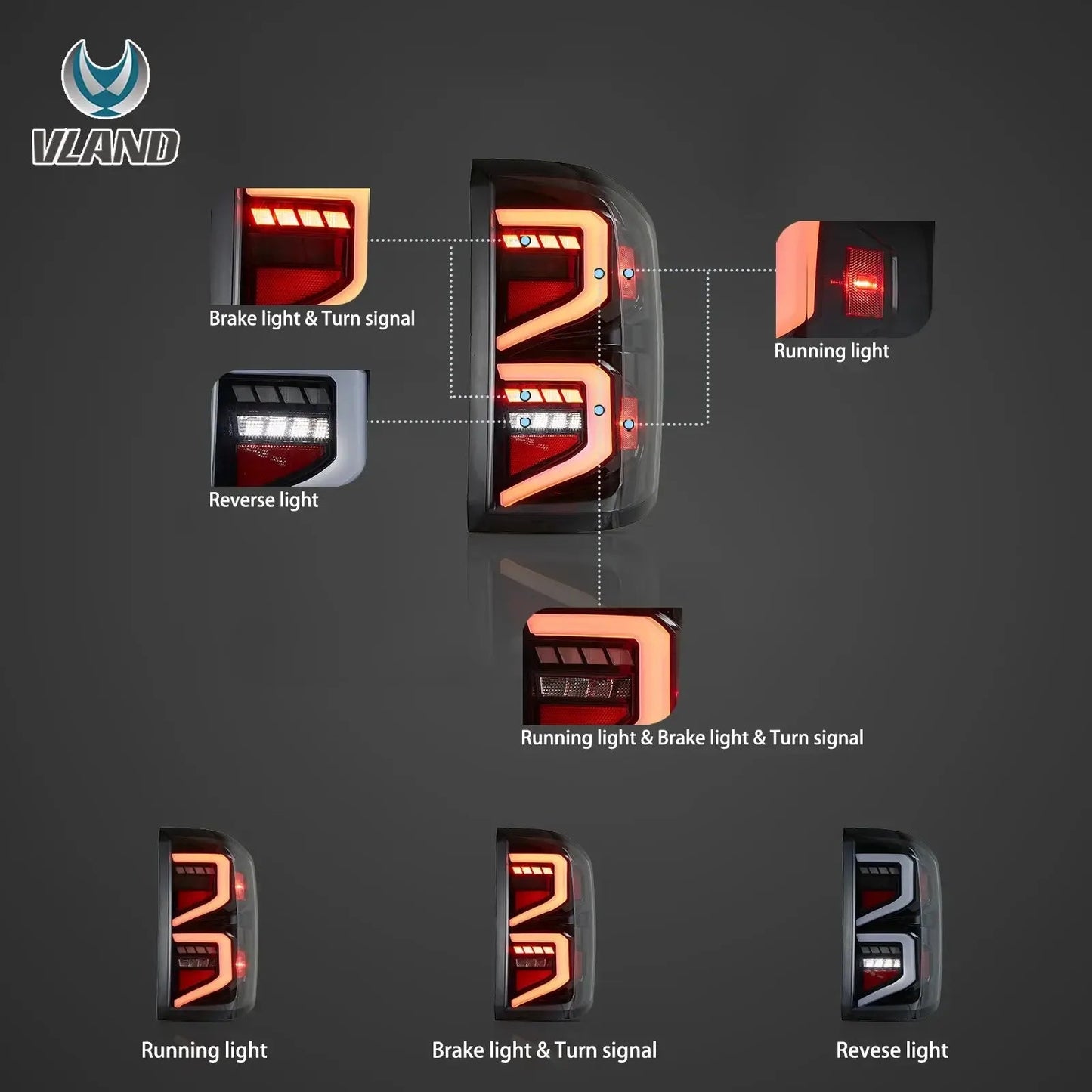 Vland 14-18 Silverado LED Tail Lights With Dynamic Welcome Lighting Rear Lamp Assembly Upgrade sayaragear