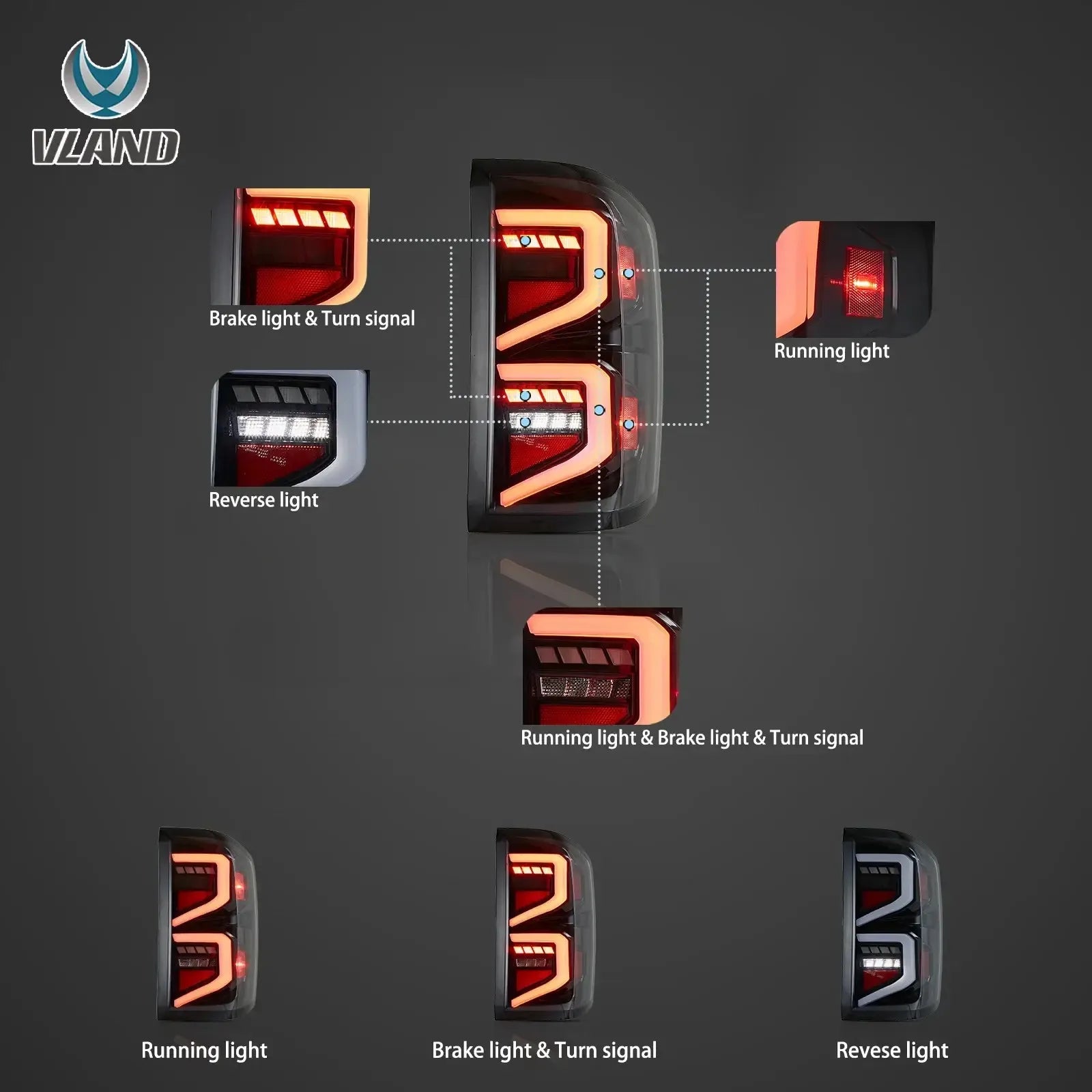 Vland 14-18 Silverado LED Tail Lights With Dynamic Welcome Lighting Rear Lamp Assembly Upgrade sayaragear