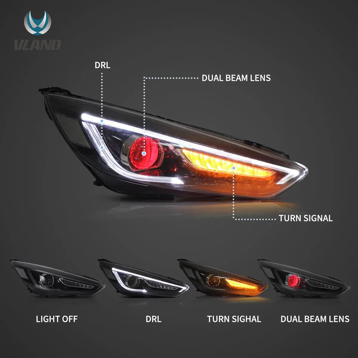 Vland 15-18 Focus Mark 3th Gen Facelift Dual Beam Projector Headlights Black sayaragear