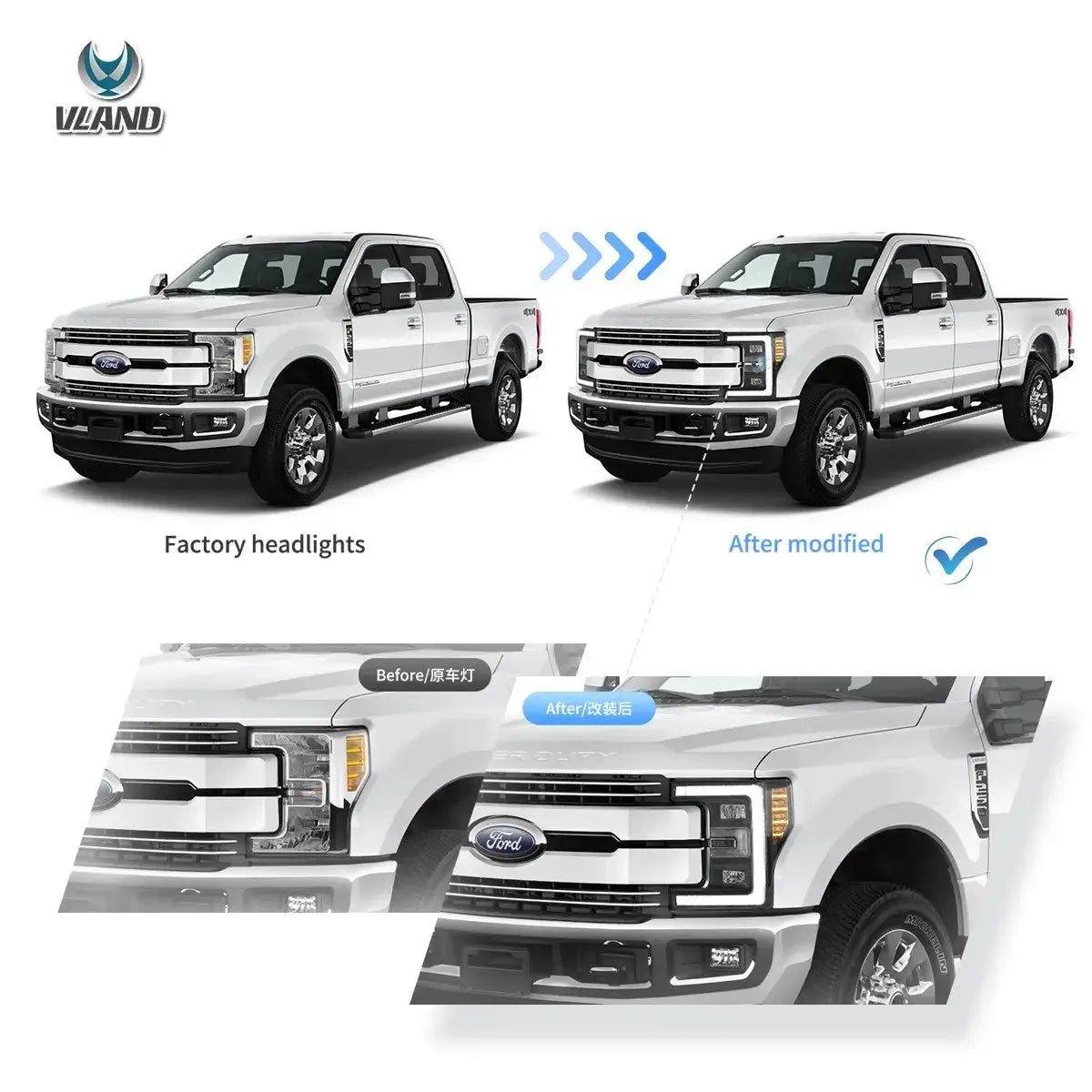 Vland 17-19 F250 F350 F450 F550 Super Duty Full LED Headlights Premium Upgrade sayaragear