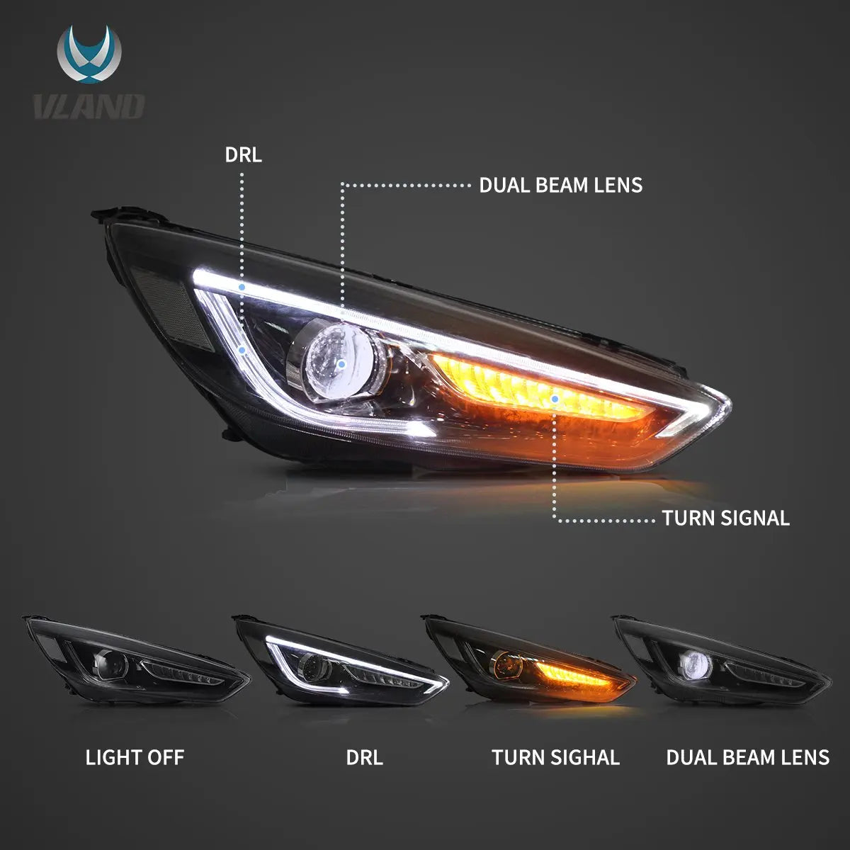 Vland 15-18 Focus Mark 3th Gen Facelift Dual Beam Projector Headlights Black sayaragear