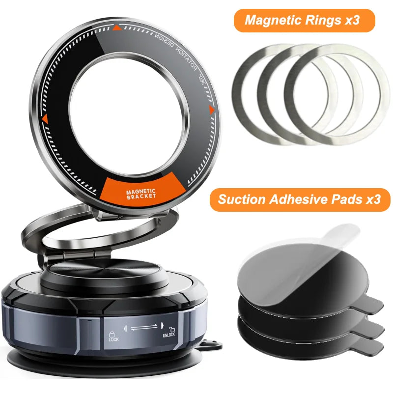 Alloy Magnetic Car Phone Holder Vacuum Suction Mount with 3 Rings 360 Rotation for Car Windshield Dashboard for iPhone Samsung sayaragear