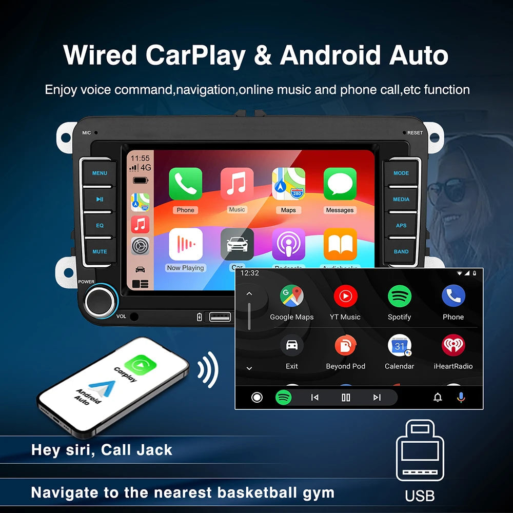 7 Inch Car Stereo For VW Touchcreen BT AM/FM Radio Receiver with Android Auto Carplay USB Charge Support Hands-Free Calling sayaragear