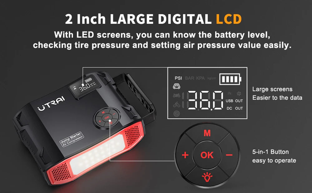UTRAI 4 In 1 2000A Jump Starter Power Bank 16000mAh 150PSI Air Compressor Tire Pump Portable Charger Car Booster Starting Device sayaragear