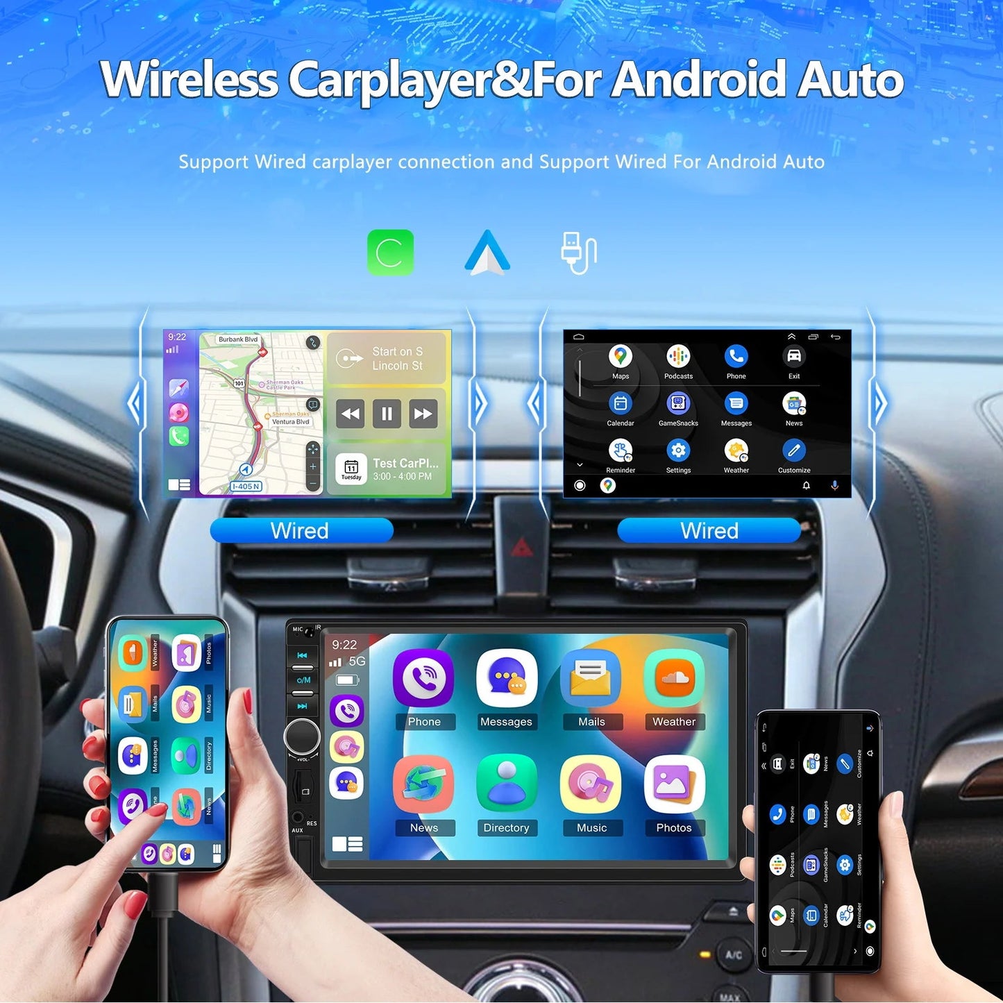 7" HD Car Stereo Radio 2Din MP5 Multimedia Player for Android Auto Mirror Link Rear 12LED Backup Camera USB AUX TF EQ FM Radio sayaragear