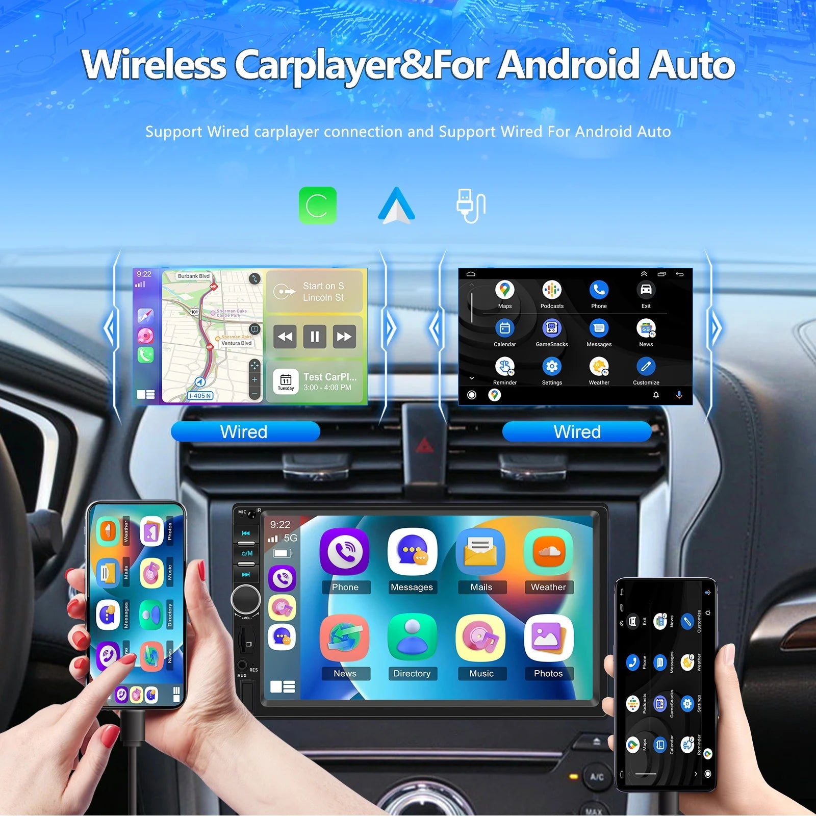 7" HD Car Stereo Radio 2Din MP5 Multimedia Player for Android Auto Mirror Link Rear 12LED Backup Camera USB AUX TF EQ FM Radio sayaragear