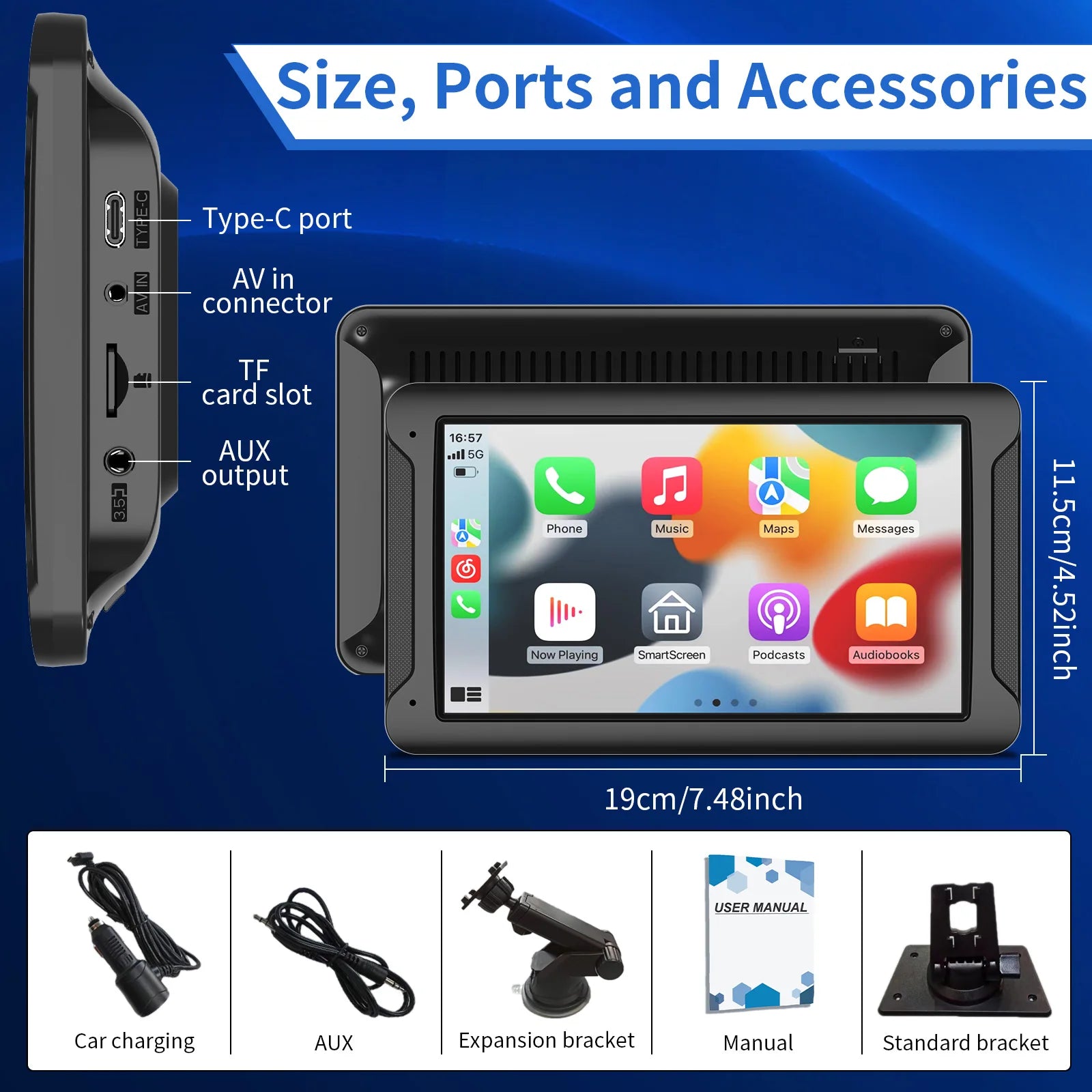Pionray Portable CarPlay 7'' Smart Touchscreen with Car Stereo, Wireless Android Auto/Mirror Link/ AUX Connection/FM/GPS sayaragear