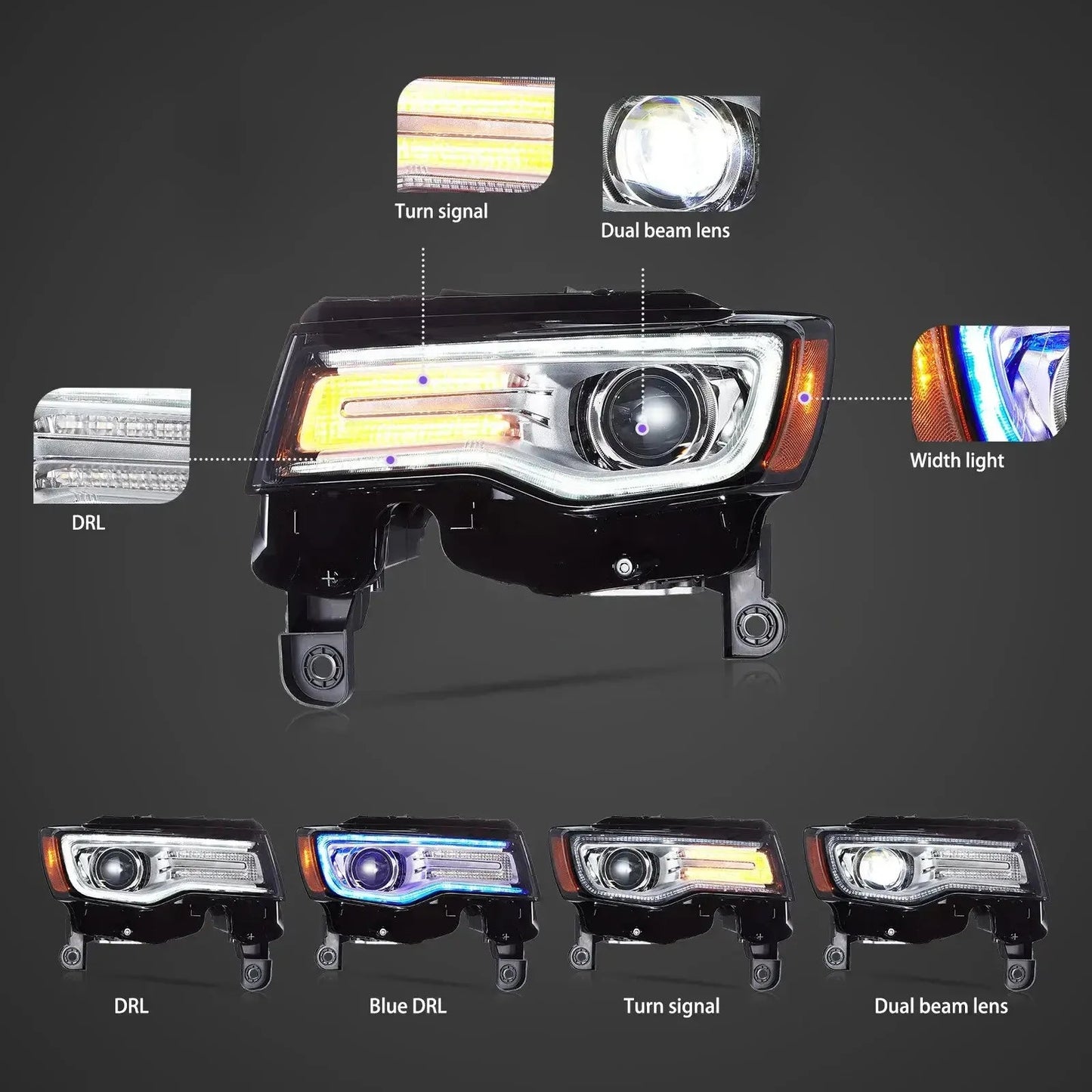 Vland 2014-2022 Grand Cherokee (WK2) LED Headlights With Startup Animation/ Blue DRL sayaragear