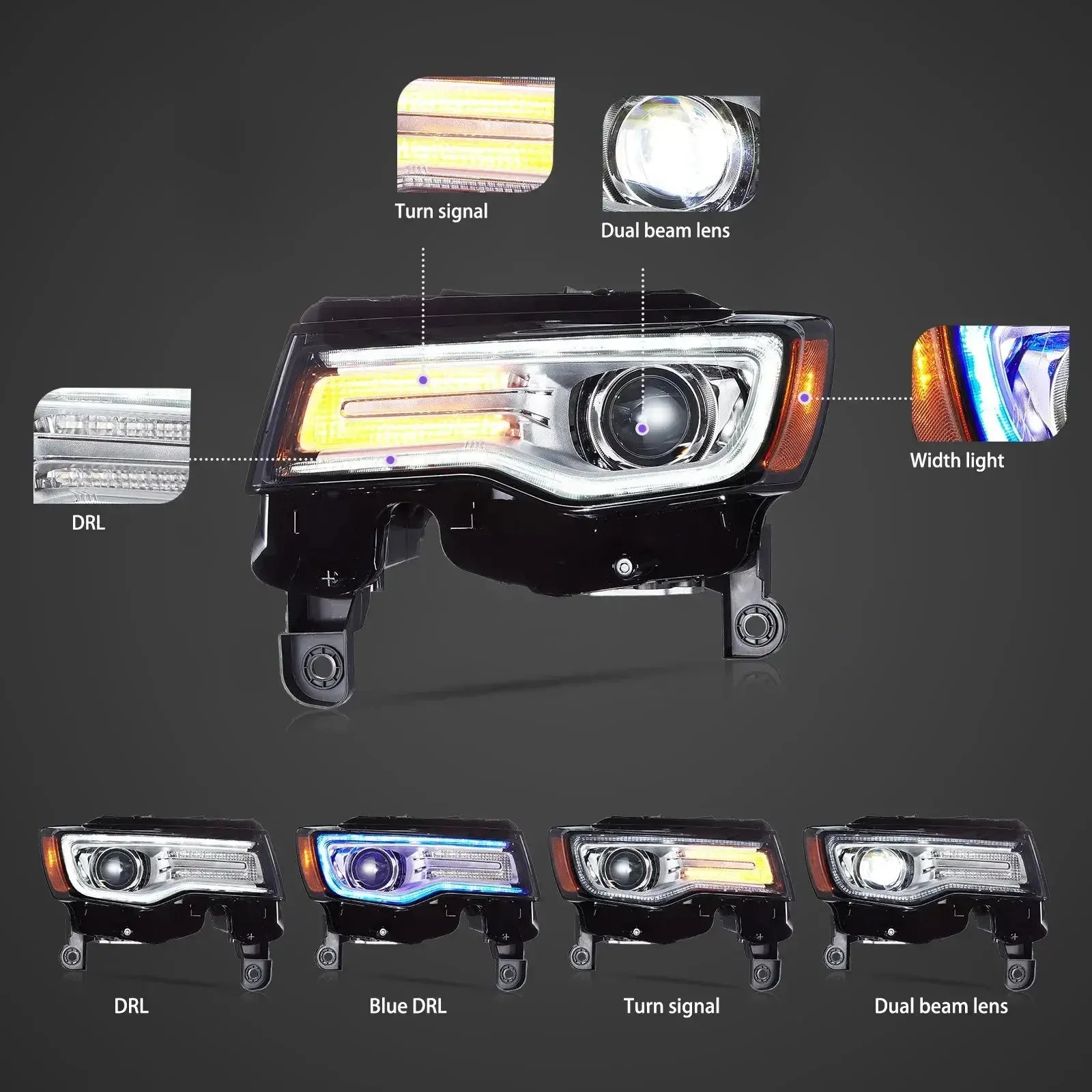 Vland 2014-2022 Grand Cherokee (WK2) LED Headlights With Startup Animation/ Blue DRL sayaragear
