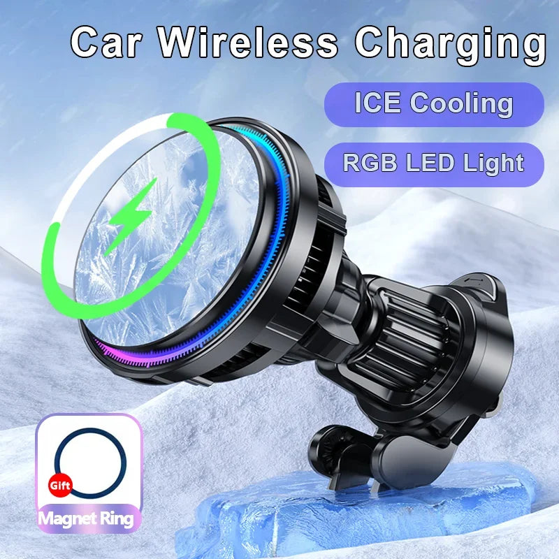 ice Cooling Magnetic Wireless Car Charger Stand for iPhone 16 15 14 13 12 Pro Max MacSafe Car Phone Holder Fast Charging Station sayaragear