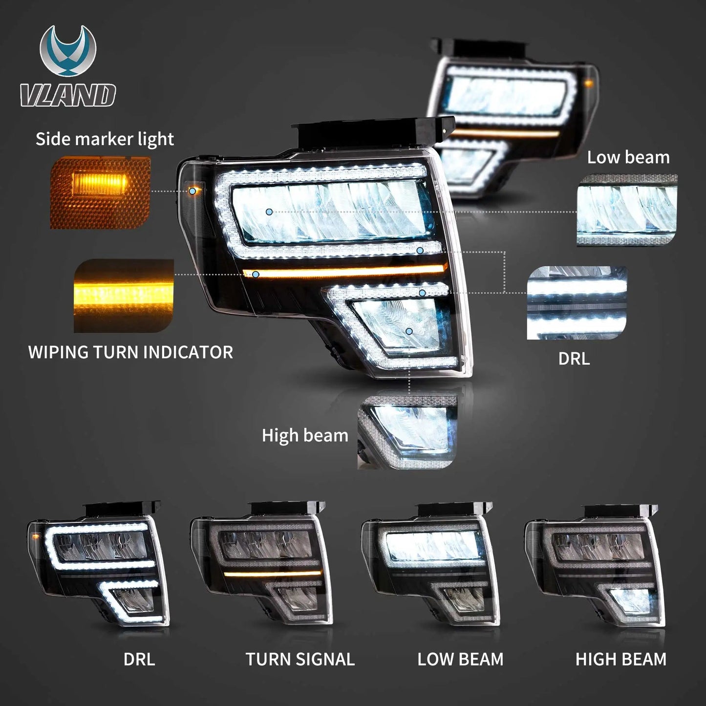 Vland 09-14 Ford F150 12th Gen LED Reflection Bowl Headlights Replacement Assembly sayaragear