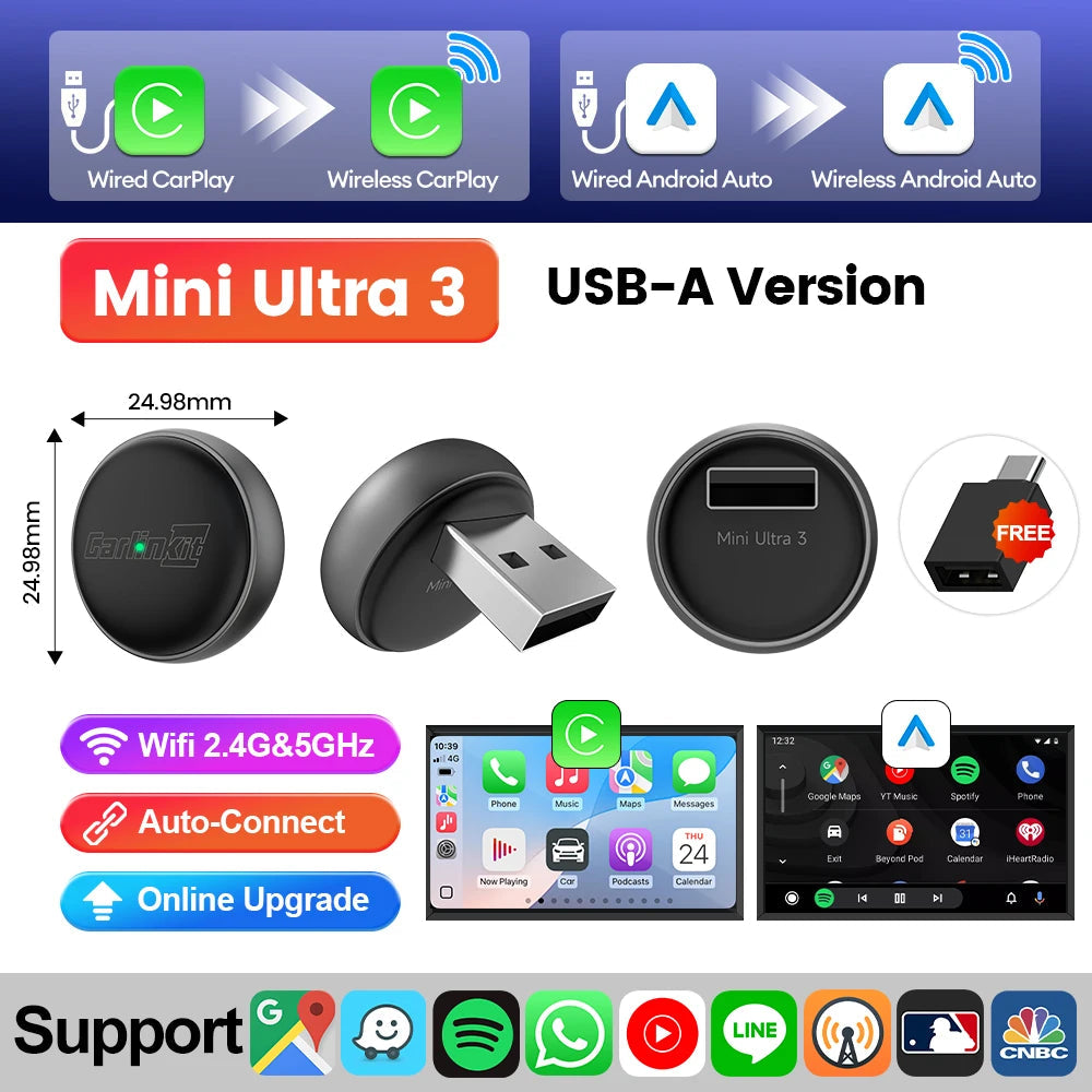 New CarlinKit Mini Ultra3 Wireless CarPlay Adapter Android Auto Wireless Dongle 2-In-1 Wireless Adapter Auto Connect 5.8G Wifi sayaragear