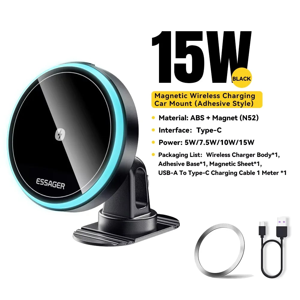 Essager 15W Magnetic Wireless Car Phone Holder Adjustable 360 degrees Car Charger For iPhone15 14 13 Pro Samsung Universal Phone sayaragear