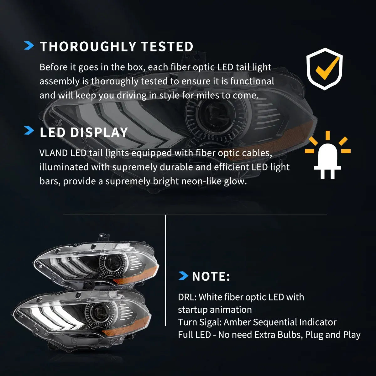 VLAND LED Dual Beam Projector Headlights Black For 18-24 Ford Mustang 6th Gen Facelifted Front Lamp Assembly sayaragear