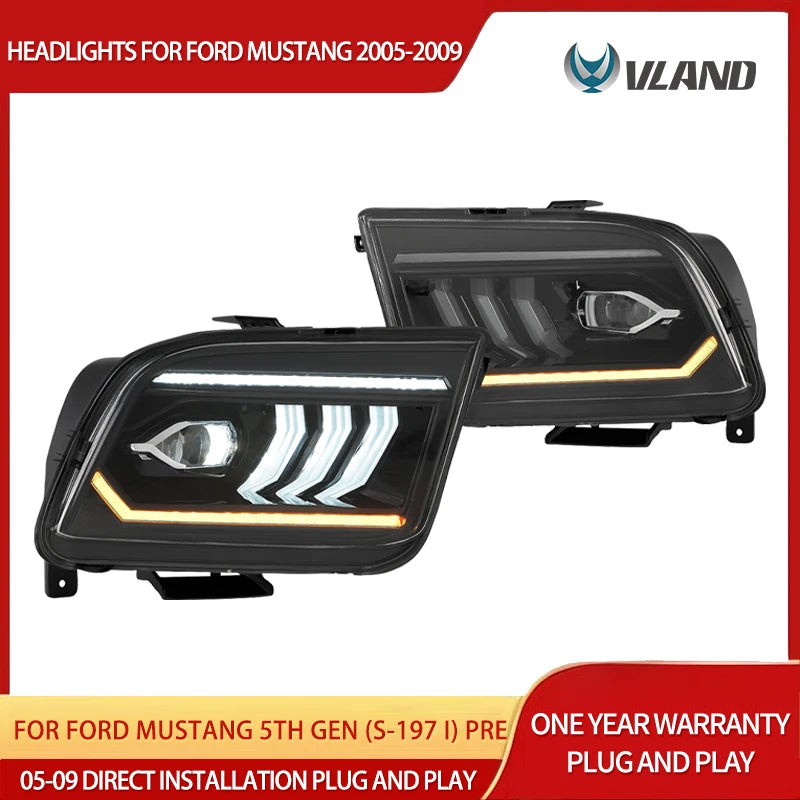 Vland 05-09 Mustang 5th Gen (S-197 I) Pre-Facelift LED Dual Beam Projector Headlights Black sayaragear