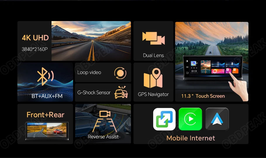 K2 Pro 11.3" Car DVR 4K Camera Wireless Carplay Android auto Ai Screen Dash Cam Dual Len Video Recorder GPS Navigation Dashboard sayaragear