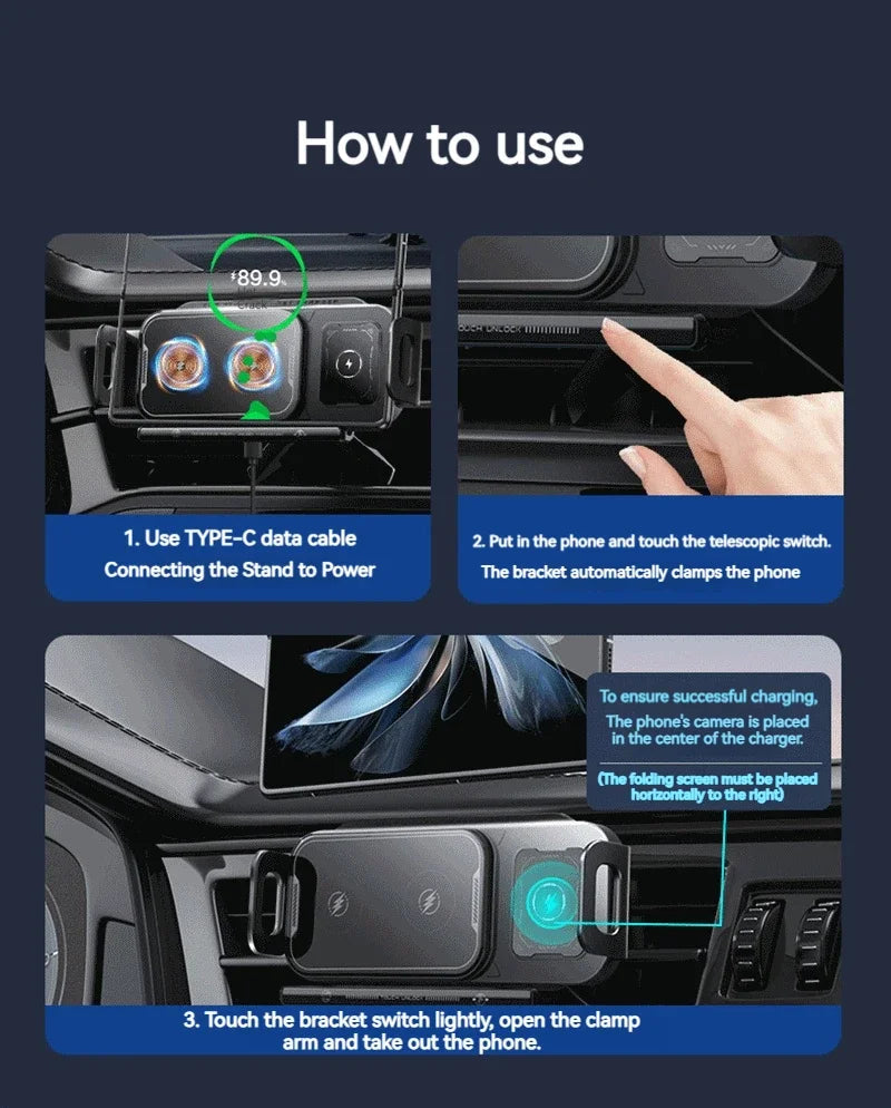 15W Universal Car Phone Wireless Charger Holder 360° Rotation Mount for Samsung Galaxy Fold 6 5 4 3 Z Flip S25 S24 iPhone 16 15 sayaragear