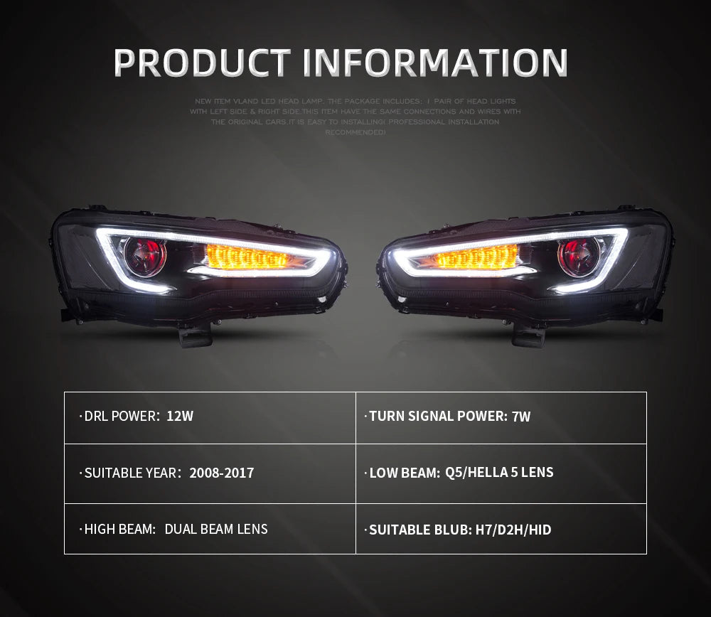 VLAND headlight Assembly FOR MITSUBISHI LANCER 2008-2017 LED HEADLIGHTS LED Running Light sayaragear