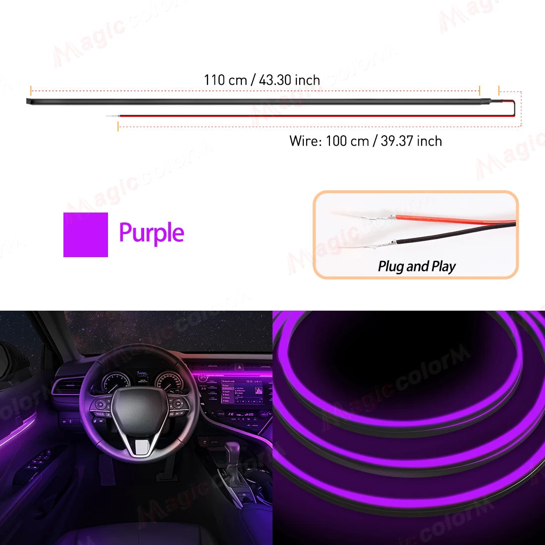 EL Wire Car LED Ambient Light Car Interior Decorative Lamp For Universal DIY Flexible Hidden Cuttable Colour Acrylic Strip 110cm sayaragear