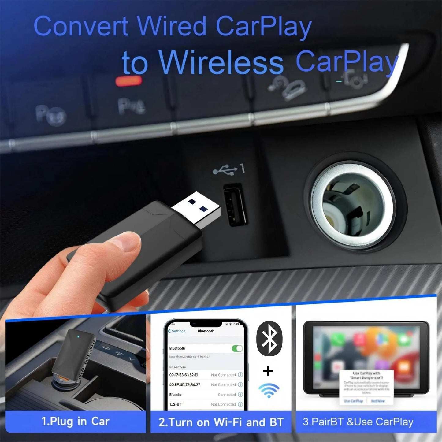 Mini Wireless Carplay Adapter for iPhone, 2025 2 in 1 Stable Universal Wireless carplay Adapter, Convert Wired to Wireless sayaragear