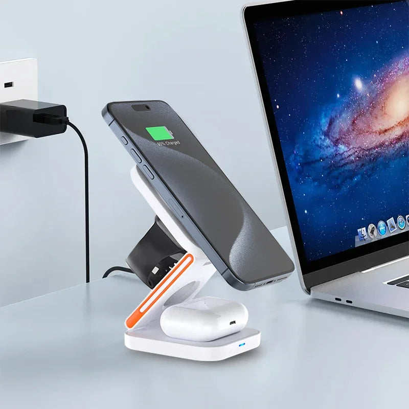 3 in 1 Foldable Charging Station Fast Magnetic Wireless Charger Stand for iPhone 17 16 15 14 13 12 Apple Watch 8 7 6 Airpods Pro sayaragear
