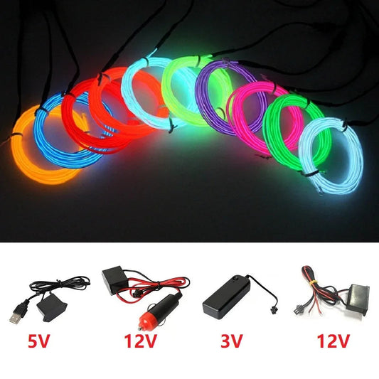 10m/5m/3m/1m 3V Battery 5V USB 12V Neon Glow EL Wire Rope with Adapter Flexible LED Strip for Car Party Dance Atmosphere Decor sayaragear