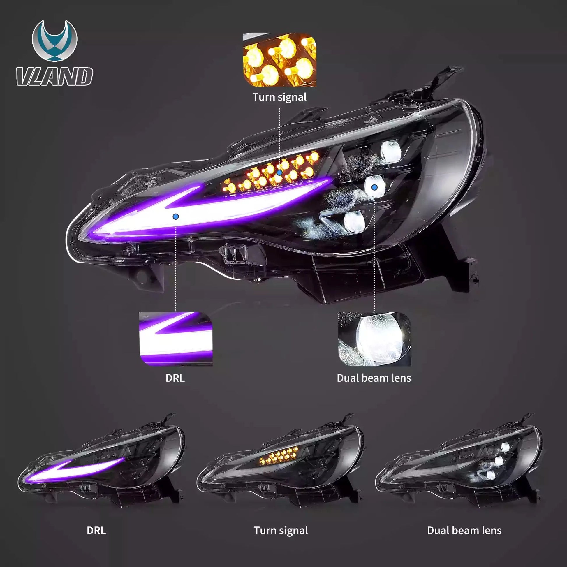 Vland 12–21 86 Subaru BRZ Scion FR-S RGB Headlights Full LED with DRL Color Changing Front Headlamp Assembly Upgrade sayaragear