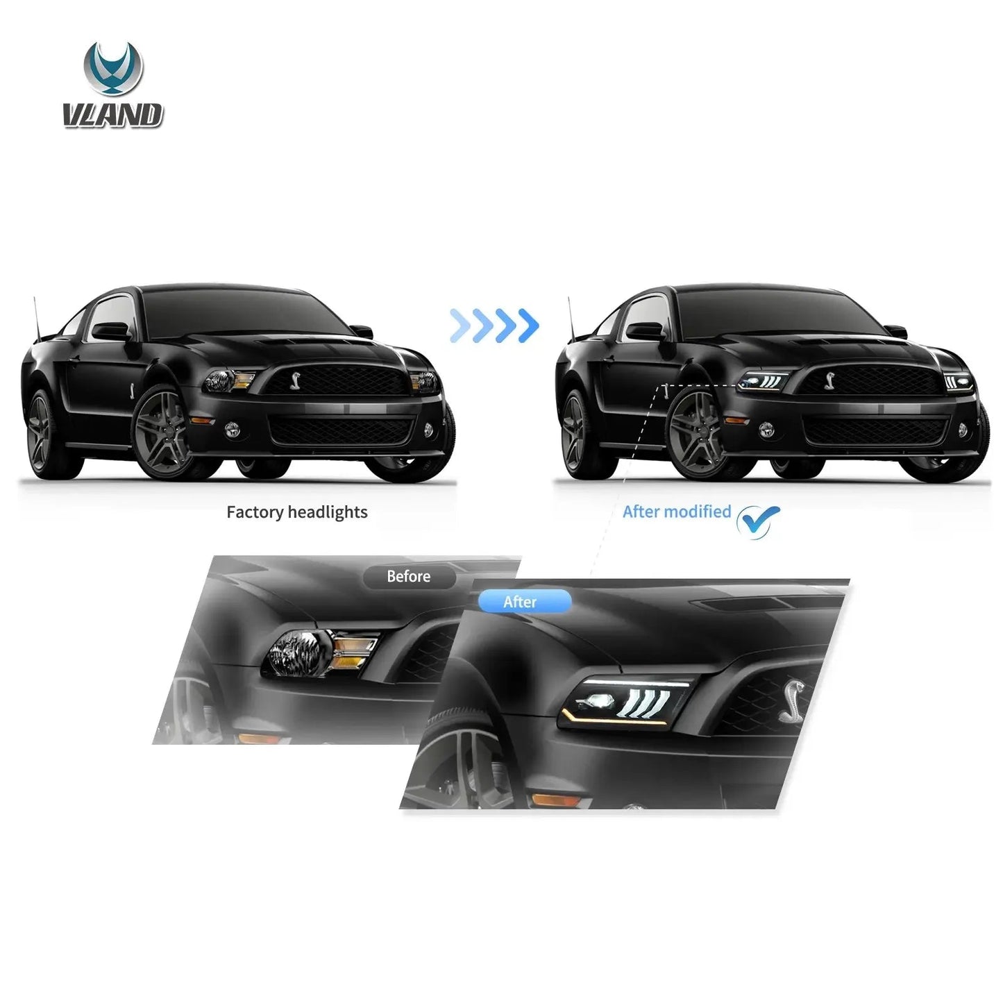 Vland 05-09 Mustang 5th Gen (S-197 I) Pre-Facelift LED Dual Beam Projector Headlights Black sayaragear