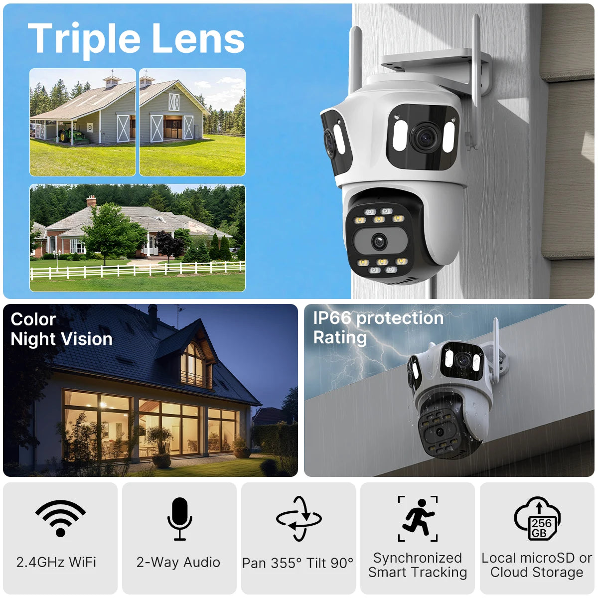 Three Lens PTZ IP Camera Outdoor HD Three Screen WiFi Security Camera Auto Tracking Dual Len Wirelss CCTV Camera iCsee sayaragear