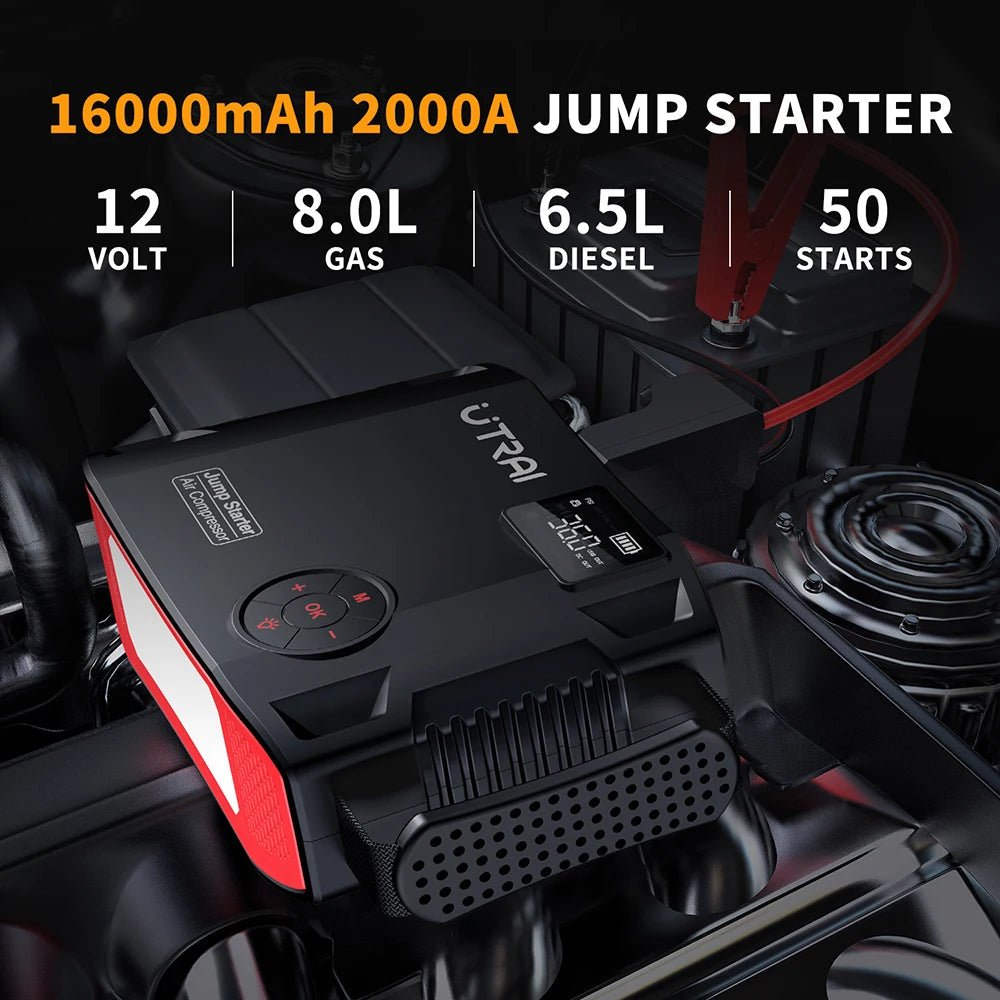 UTRAI 4 In 1 2000A Jump Starter Power Bank 16000mAh 150PSI Air Compressor Tire Pump Portable Charger Car Booster Starting Device sayaragear