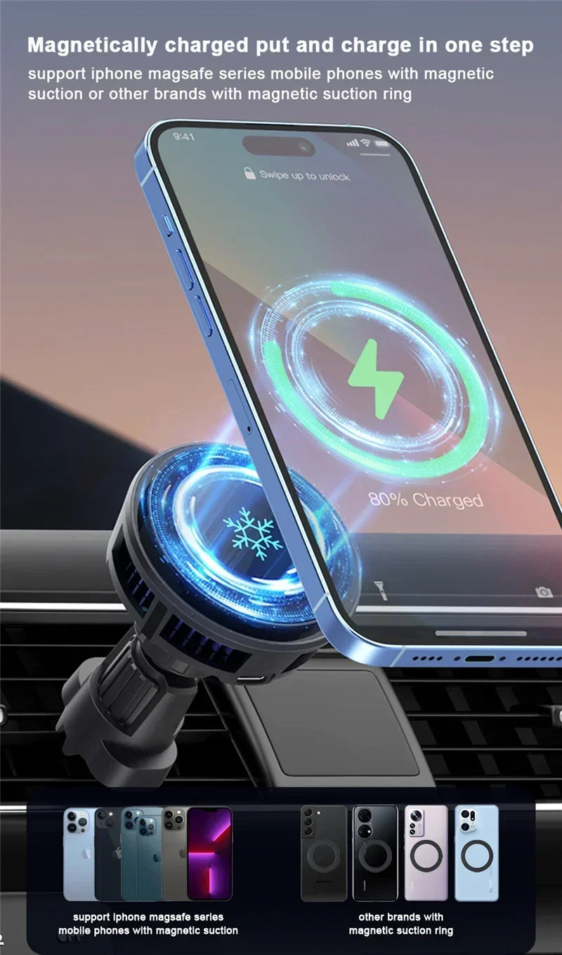 ice Cooling Magnetic Wireless Car Charger Stand for iPhone 16 15 14 13 12 Pro Max MacSafe Car Phone Holder Fast Charging Station sayaragear