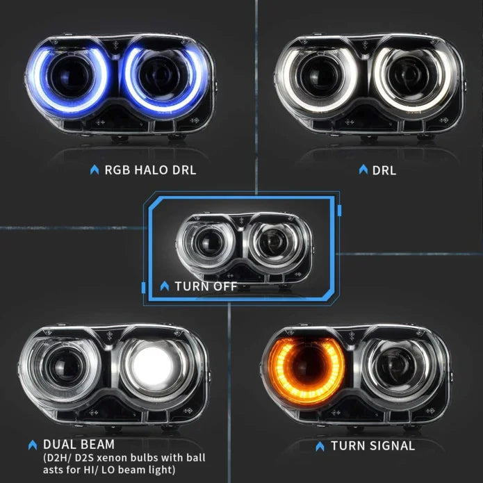 Vland 2015–2024 Challenger 3th Gen Facelifted RGB Dual Beam Projector Headlights Black sayaragear