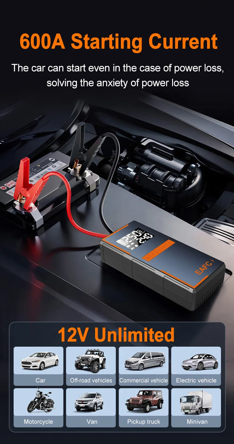 2025 Newest All-in-One Car Emergency Jump Starter & Air Pump 1200A Peak 150PSI Tire Inflator with LED Light & Power Bank sayaragear