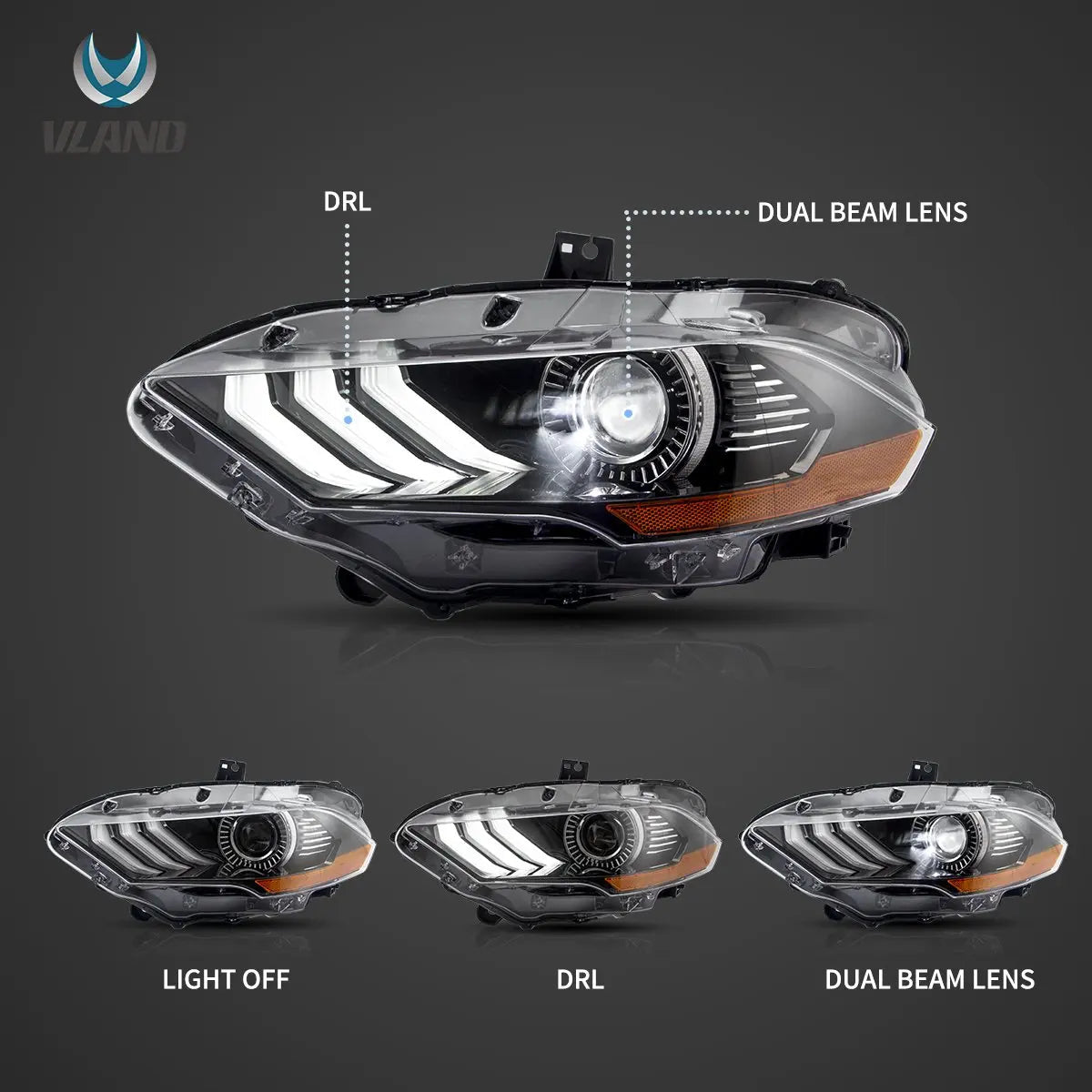 VLAND LED Dual Beam Projector Headlights Black For 18-24 Ford Mustang 6th Gen Facelifted Front Lamp Assembly sayaragear