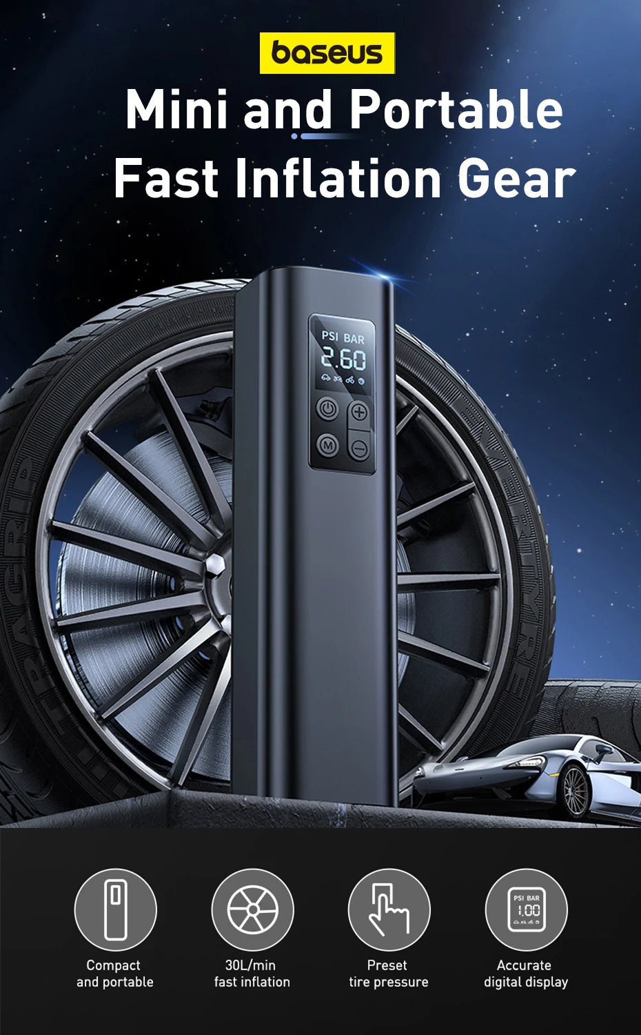 Baseus Mini Car Air Compressor 12V 150PSI Portable Car Tire Inflator Smart Digital Inflatable Pump For Car Bicycle Boat Air Pump sayaragear